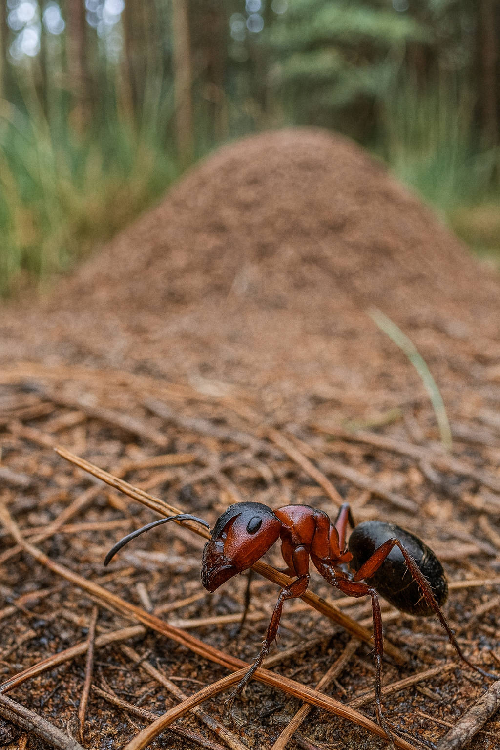Rossameise Rossameise vor einem unscharfen Ameisenhaufen