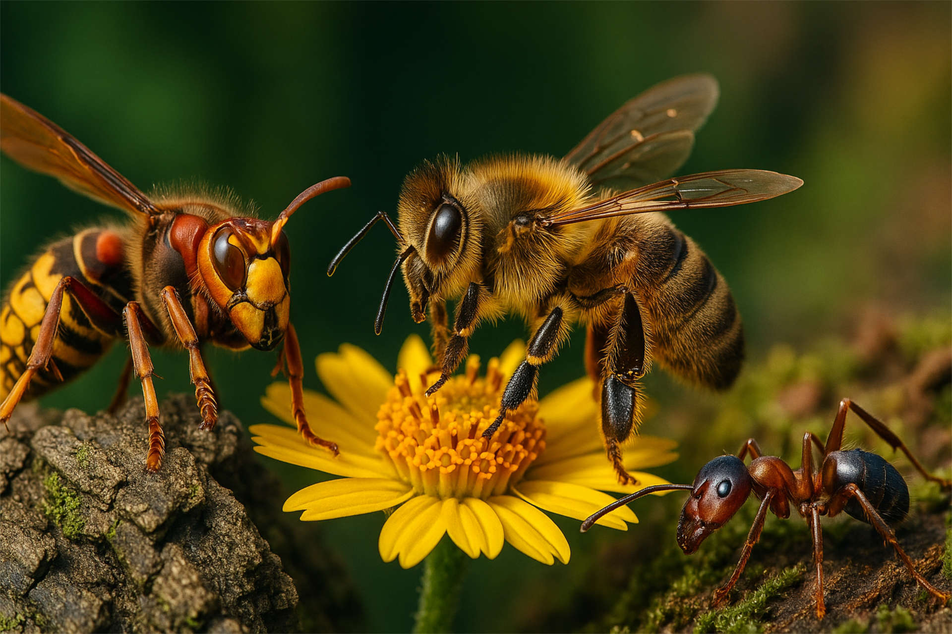 Ameise und Hornisse auf Baumrinde, Biene auf gelber Blüte